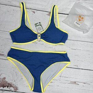 NWT Swimall Textured High Waisted Bikini Set‎ Blue Yellow Trim L Y2K